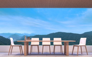 Modern contemporary dining room with mountain view 3d rendering image.There are concrete tile floor,wood lattice ceiling.Furnished with wood furniture. clipart