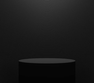 Product display stand with black color 3d rendering image,There are black cylinder stand with black line pattern background and light from above. clipart