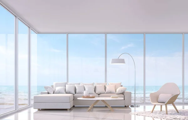 海ビュー レンダリング イメージでモダンな白いリビング ルーム 白いタイル張りの床 白い光沢のある壁があります 白い家具が備わっています 海の景色が見下ろせる場所が大きな窓があります — ストック写真