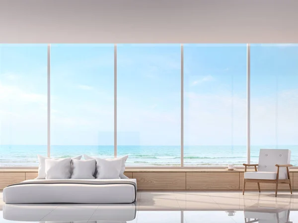 Modern White Bedroom Sea View Rendering Image White Tile Floor — Stock Photo, Image