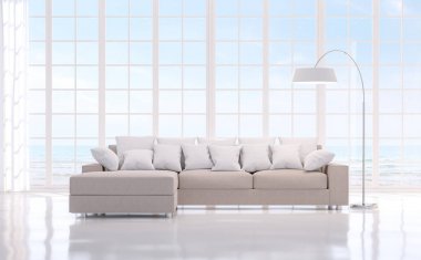Modern white livng room with sea view 3d rendering image.here are white floor.Furnished with white furniture.There are large window overlooks to sea view. clipart