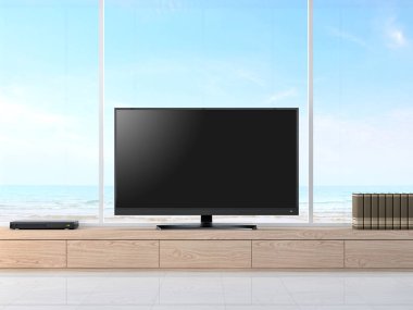 Boş televizyon ekranı deniz görünümü 3d render ile. Beyaz zemin ve ahşap dolap vardır. Tv ekranına bir kırpma yolu.
