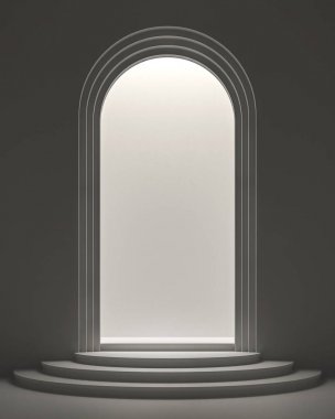 Kemer şekli kapı içinde 3d render resim, ürün vitrin istasyonu ürün vurgulamak için içinde parlamaya ışık kullanarak ışık ile.