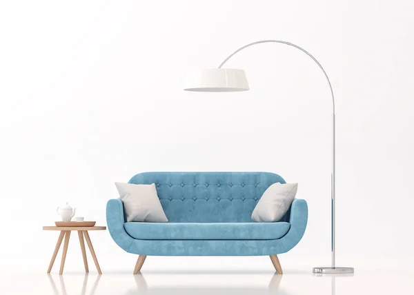 蓝色面料沙发上白色背景3D 渲染图像 扶手椅上有修剪路径 桌子和台灯 — 图库照片