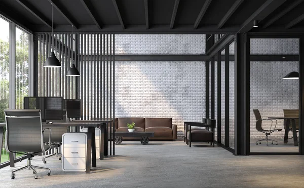 Endüstriyel loft tarzı office 3d render. Beyaz tuğla duvar, cilalı beton zemin ve siyah çelik yapı vardır. Koyu kahverengi ve siyah deri mobilyalarla döşenmiş.