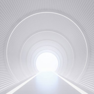 Modern beyaz iç tünel alan 3d işleme görüntü ile. Beyaz eğimli koridor orada hedef ışıktır.