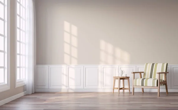 Modern klasik oturma odası hafif kahverengi duvar 3d render ile. Odalarda ahşap zemin ve ışık kahverengi duvarlar. Kumaş ve ahşap mobilyalarla döşenmiş. Orada beyaz pencere bakan için dış. 