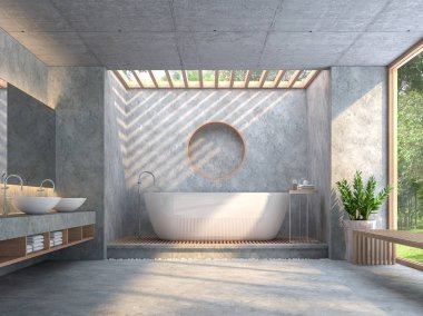 Modern loft tarzı banyo cilalı beton 3d render ile. Ahşap mobilya ve beyaz seramik sıhhi tesisat döşenmiştir. Pencere bakan doğaya vardır.