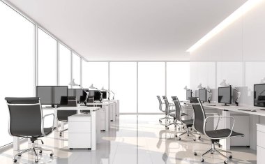 En az tarzı office 3d render. Beyaz zemin ve parlak duvar vardır. Siyah mobilyalarla döşenmiştir. Sahne dışında görmek bakan büyük pencereler.