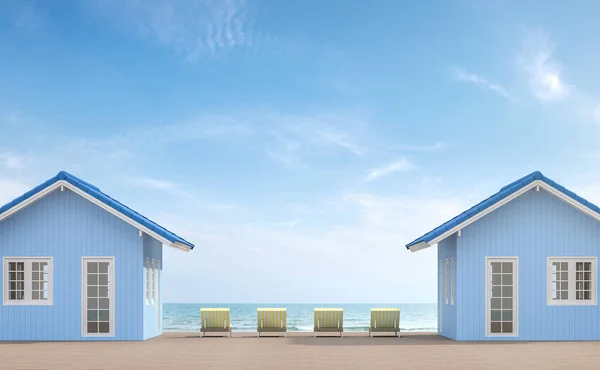 小房子露台3D 有一个木质阳台 配有黄色 Daybad 有海背景 — 图库照片