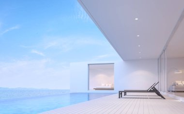 Havuz villa Teras 3d render. Ahşap zemin beyaz. Siyah şezlong ile döşenmiş. Beyaz ahşap zemin bakan Kenarlıksız Yüzme Havuzu ve deniz manzaralı olan.