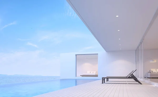 Pool villa terrace 3d render.There white wooden floor.Furnished with black sunbed. There are white wooden floor overlooks to borderless swimming pool and sea view.