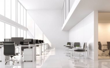 Modern beyaz ofis 3d render. Yüksek tavan ve bir ara yer. Siyah mobilyalarla döşenmiştir. Sahne dışında görmek bakan büyük pencereler.