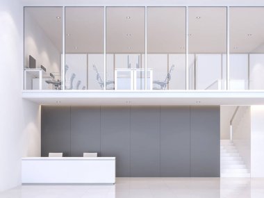 En az tarzı office salonu 3d render, orada 2 katlı binada yüksek tavanları ile bulunmaktadır. Alt katta Resepsiyon olduğunu. Üst katta çalışma alanıdır.