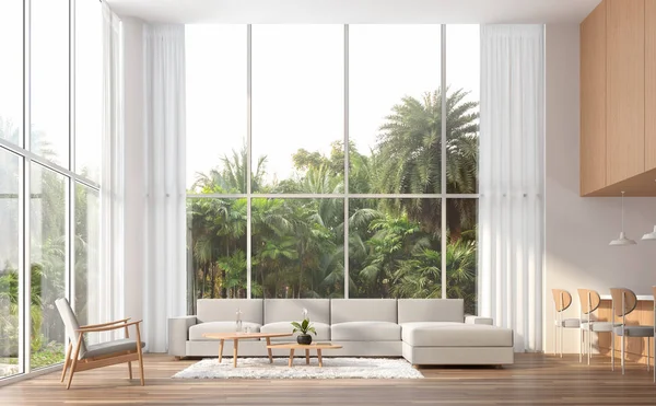 Modern çağdaş yüksek tavan oturma odası 3d render. Odalarında ahşap zeminler, beyaz ve wall.furnished ile beyaz kumaş mobilya ahşap. Büyük pencere vardır. Palm bahçeye bakan.