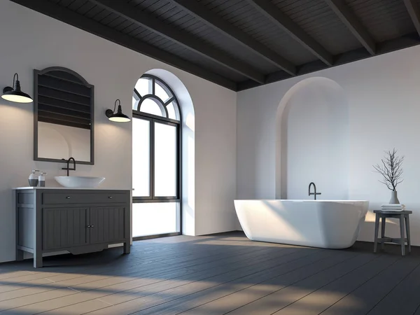 İskandinav banyo siyah ahşap zemin 3d render ile. Siyah ahşap zemin ve tavan bulunmaktadır. Koyu gri mobilyalar ile döşenmiş. Kemer pencere sahne dışında görmek isteyen vardır.