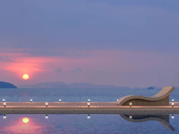 现代当代木池露台3D 有黄昏的时间与海和日落的背景 配有藤日光浴 — 图库照片