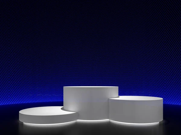 Білий Циліндричний Продукт Відображає Рендеринг Чорна Підлога Прикрашена Синім Світлом — стокове фото