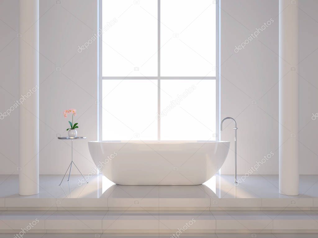 Minimal white bathroom 3d render. There are white tile floor.The room has large windows looking out to see the scenery outside.