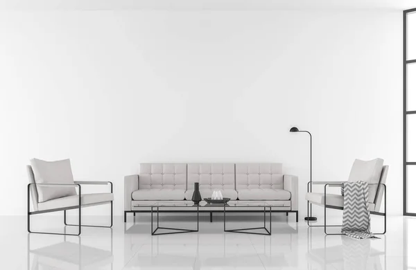 Minimal style modern white living room 3d render,decorate with white fabric and black metal furniture