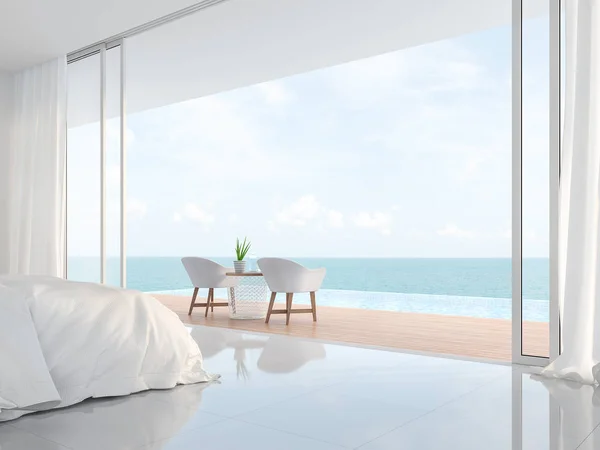Modern lüks beyaz yatak odası 3D. Beyaz yatakları ve sandalyeleri olan minimalist bir bina var. Sonsuzluk havuzu ve deniz manzarasına bakan geniş bir sürgülü kapı var..
