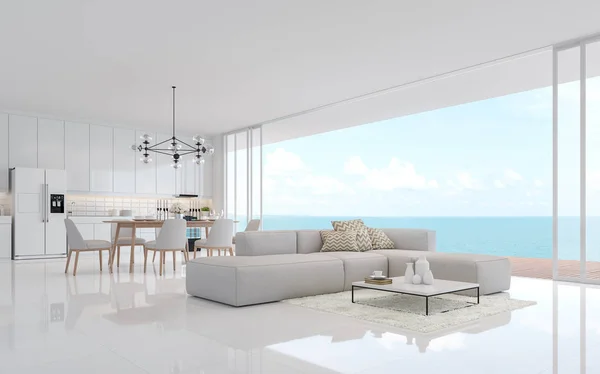 Luxury White Living Dining Room Sea View Render Minimalistic Building — Stock Photo, Image