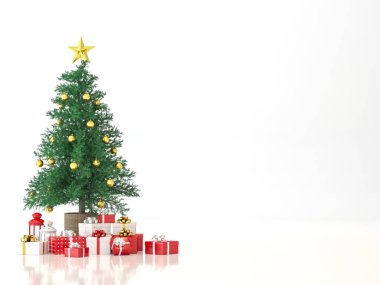 Beyaz zemin üzerinde Noel ağacı 3D rendeleme, kırmızı ve beyaz hediye kutusu ile dekore.
