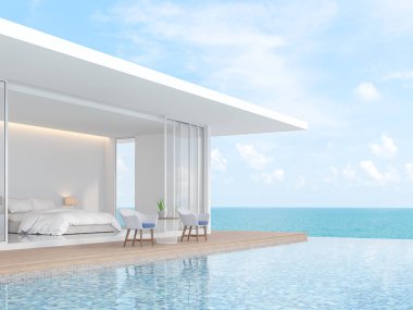 Beyaz bir villa, yatak odasına bakan kaygan bir şekilde açık. Yatak odasının önünde ahşap bir balkon ve yüzme havuzu var. Denize bakan - 3D çizim