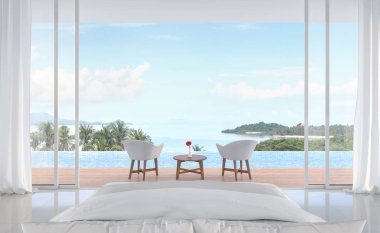 Yüzme havuzu ve deniz manzaralı en küçük yatak odası. Beyaz oda. Beyaz mobilyalarla süslenmiş ahşap balkon. Sürgülü kapılar doğayı görmek için açılıyor.