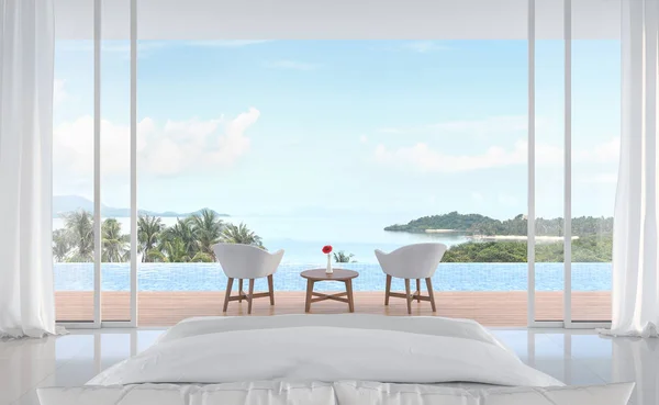 最小的卧室 有游泳池和海景3D渲染 白色房间 木制阳台装饰着白色家具 滑动门打开看自然 — 图库照片