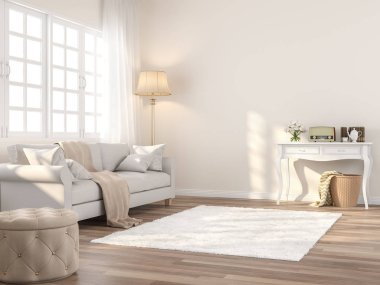 Eski tarz oturma odası 3D, Odaların ahşap zeminleri ve krem rengi duvarları var, beyaz kumaş kanepeyle dekore edilmiş, beyaz pencere ışığı odayı aydınlatıyor..