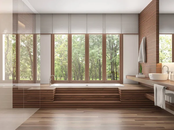 Wood Bathroom Modern Contemporary Style Render Διακοσμήστε Τον Τοίχο Και — Φωτογραφία Αρχείου