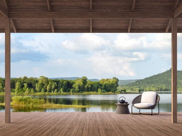 Terraza Madera Con Hermoso Lago Vista Montaña Render Hay Piso — Foto de Stock