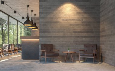 Loft style coffee shop with nature view 3d render,There are polished concrete floors, wood plank stamped concrete walls, decorate with  brown leather furniture,Large window overlooking green garden.