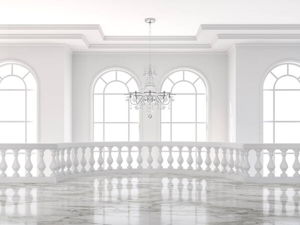 Пустой роскошный классический mazzanine пол 3d рендеринга, Есть белый мраморный пол украшен керамическими перилами и стеклянной люстрой
.
