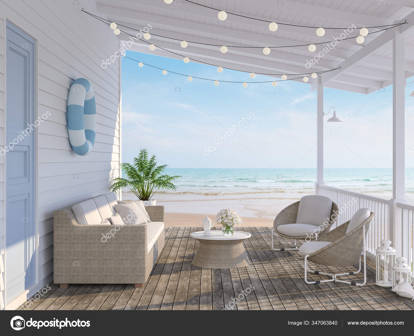 ビーチ3Dレンダリングの木製の家テラス 古い木製の床があります 白い 