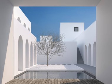 Minimum stil avlu alanı 3D rengarenk, siyah fayanslarla çevrili, ahşap banklarla süslenmiş, parlak güneş ışığıyla parlayan bir yüzme havuzu var..