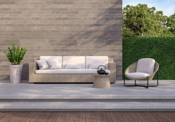 Loft Stijl Outdoor Woonkamer Render Zijn Houten Betonnen Vloer Ruwe — Stockfoto