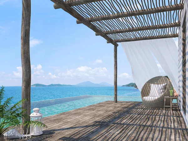 热带风格的游泳池露台3D渲染与老木地板木杆和木板凳装饰藤椅俯瞰无限的游泳池和海景 — 图库照片