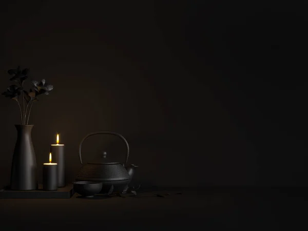 Minimal black style image of teapot and candle in the dark room 3d render,illustration