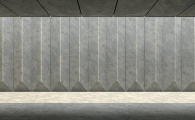 Boş beton duvar desenli 3D döşeme ve yerde parlayan güneş ışığı