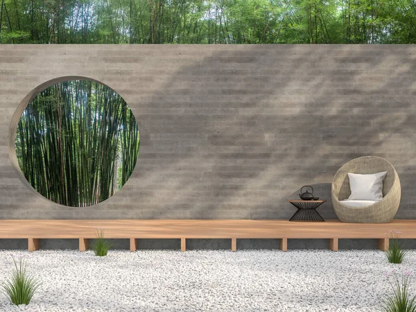 Zen Garden Style Idea Render White Stone Ground Wooden Terrace — Stock Photo, Image