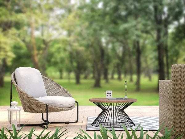 Outdoor terrace with blurry nature view blackground 3d render,There are wooden floor,decorate with rattan and fabric furniture,On the table, there is a laptop. It looks like working.