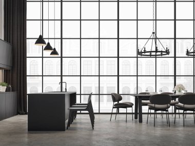 Sanayi tipi mutfak ve yemek odası 3D döşeme, beton zemin, siyah ahşap mobilyalarla dekore edilmiş, odanın büyük pencereleri var. Dışarıdaki klasik binayı görmek için dışarı bakıyorum..