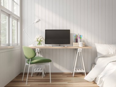 Vintage working and bedroom 3d render.there are a white plank wall,wooden floor Decorate room with wood table,green chair and white bed with  white window overlooking to nature view. clipart