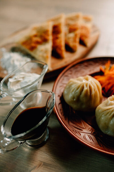 Mongolian traditional food on wood desk