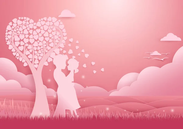 Latar belakang hari Valentine. Pasangan berdiri di bawah pohon cinta - Stok Vektor