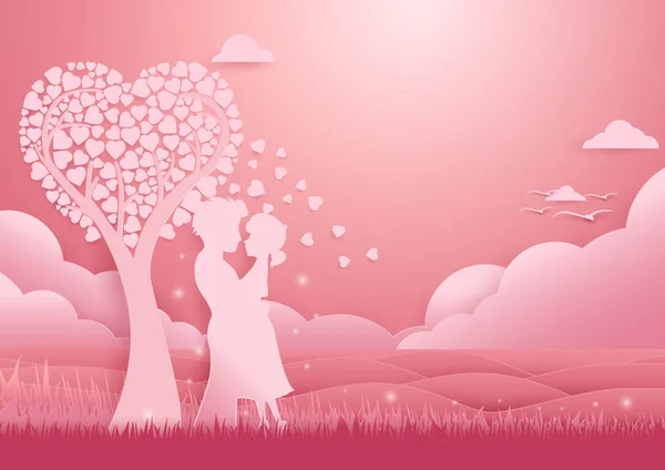 Valentines day background. Couple standing under tree of love Vector Graphics
