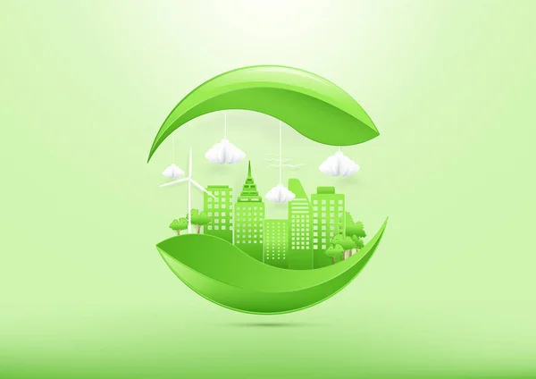 Concepto ecológico con ciudad verde y árboles. papel arte estilo desig — Vector de stock