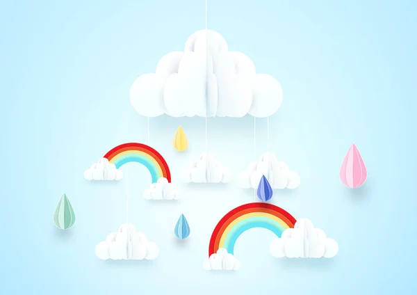 ペーパー アートのコンセプト。雨とクラウド ソフトの青いバックの虹と — ストックベクタ